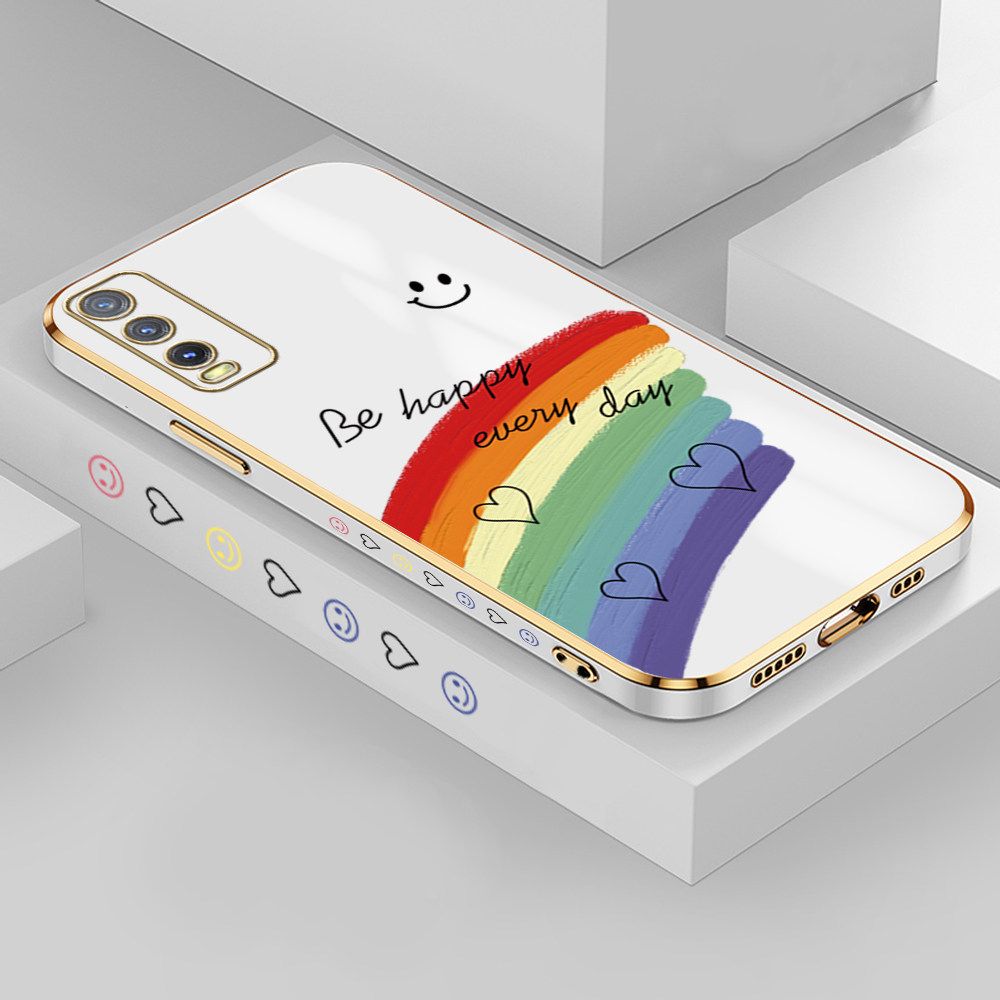 Jizetin (Free Lanyard) Vivo Y20 / Y12A / Y12S / Y20i / Y20SG Case Rainbow Doodle Luxury 6D Plating Soft Casing Silicone Ultra Thin Phone Cover