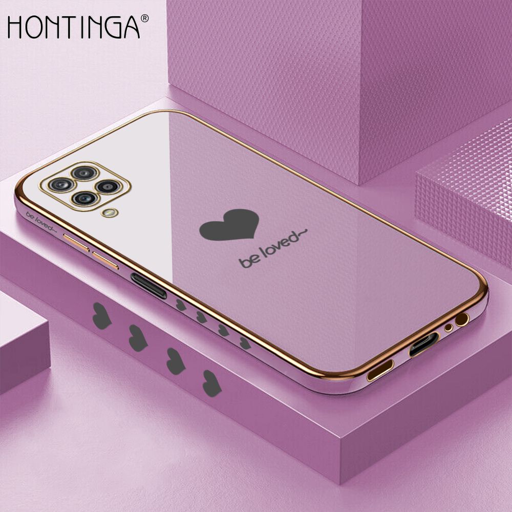 Hontinga for Samsung Galaxy A12 Case + Free Lanyard Luxury 6D Plating Lover Heart Side Pattern Soft Back Cover Silicone Square Frame Shiny Bling Phone Cover