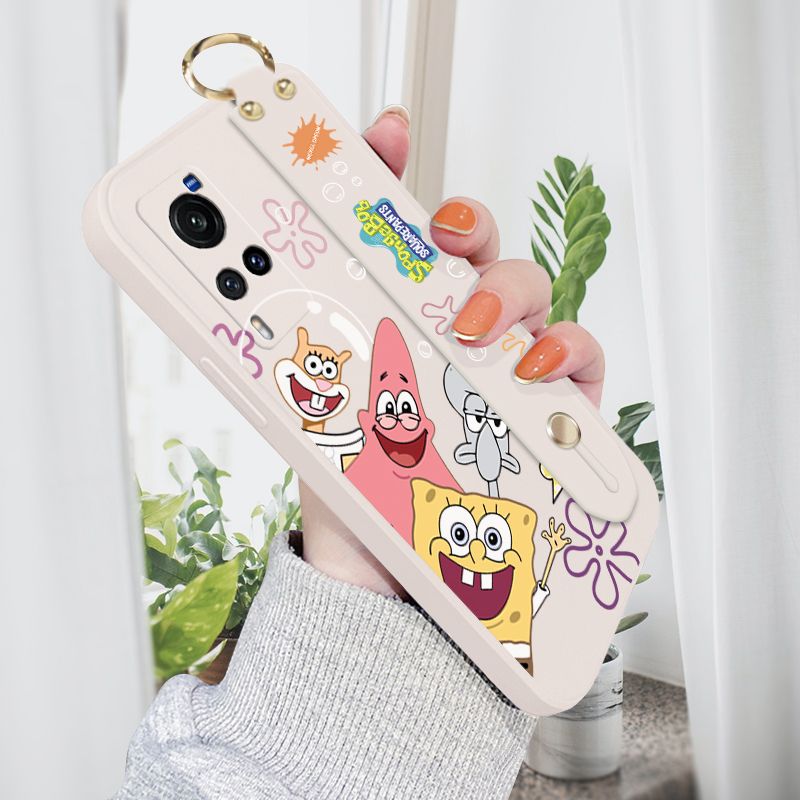 Jizetin for Vivo X60 5G Wrist Strap Case Funny Cartoon Sea Creatures Cover Ultra Thin Anti Fall Liquid Silicone Phone Case