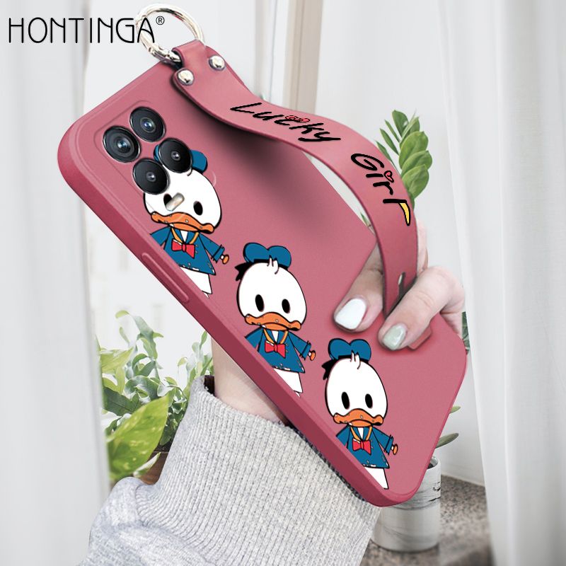Hontinga for Realme 8 4G / 8 Pro Wrist Strap Case Cute Cartoon Little Duck Phone Case Square Edge Liquid Silicone Case Full Cover Camera Shockproof Protective Cases