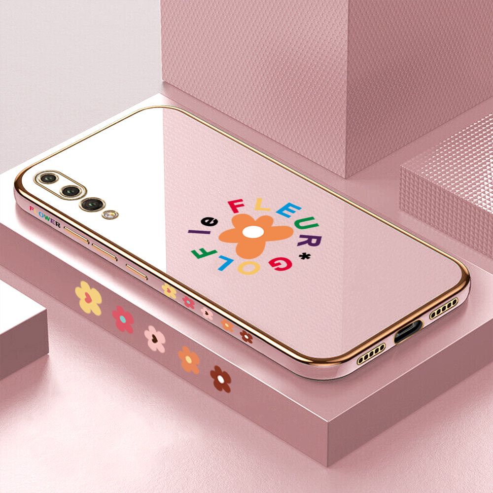 Luxury 6D Plating Case for Huawei P20 Pro Cartoon Flower Side Pattern Back Cover Soft Silicone Square Frame Shiny Bling Phone Cases + Free Lanyard