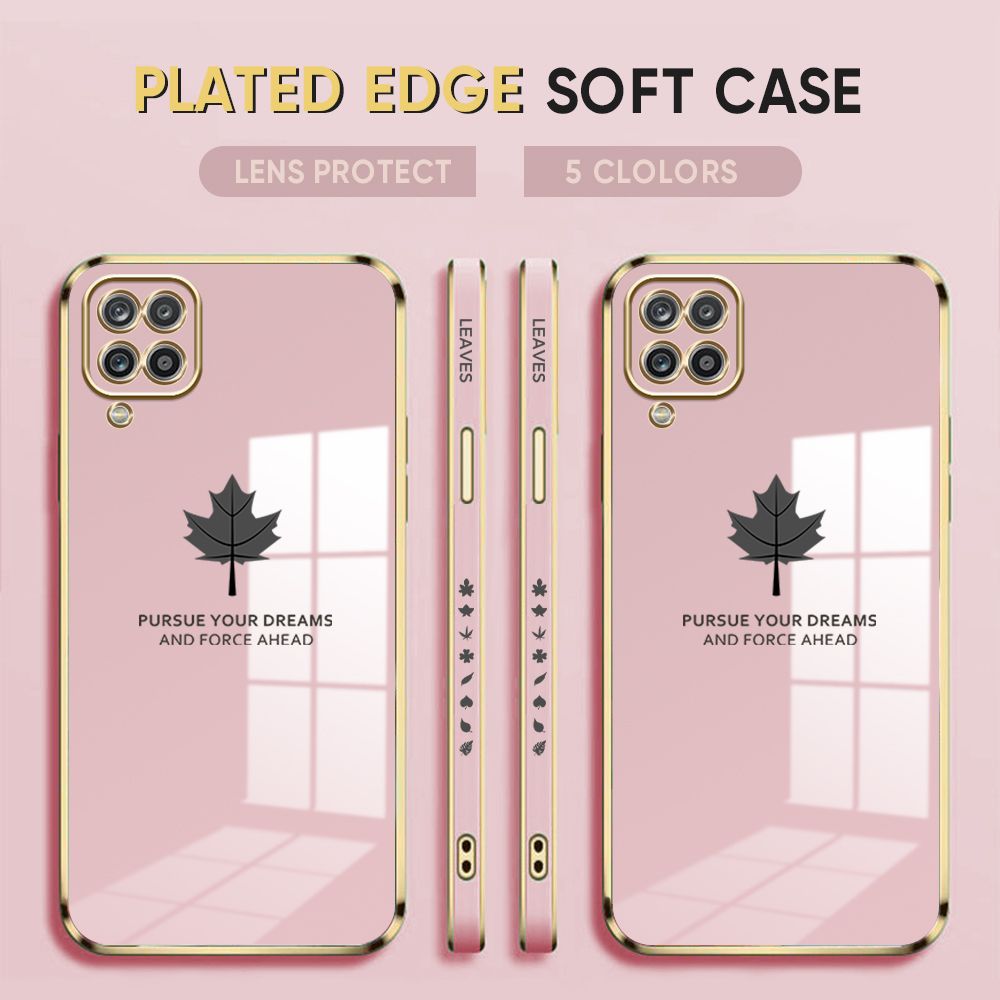 Luxury 6D Plating Case for Samsung A12 Phone Cases Maple Leaf Side Print Soft Silicone Square Back Cover