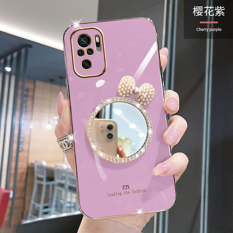 For Xiaomi Redmi Note 10 4G / Redmi Note 10S Back Cover + Bowknot Makeup Mirror Fashion Shiny Plating Square Bumper Bling Girls Phone Case Soft TPU Silicone Shockproof Back Cover