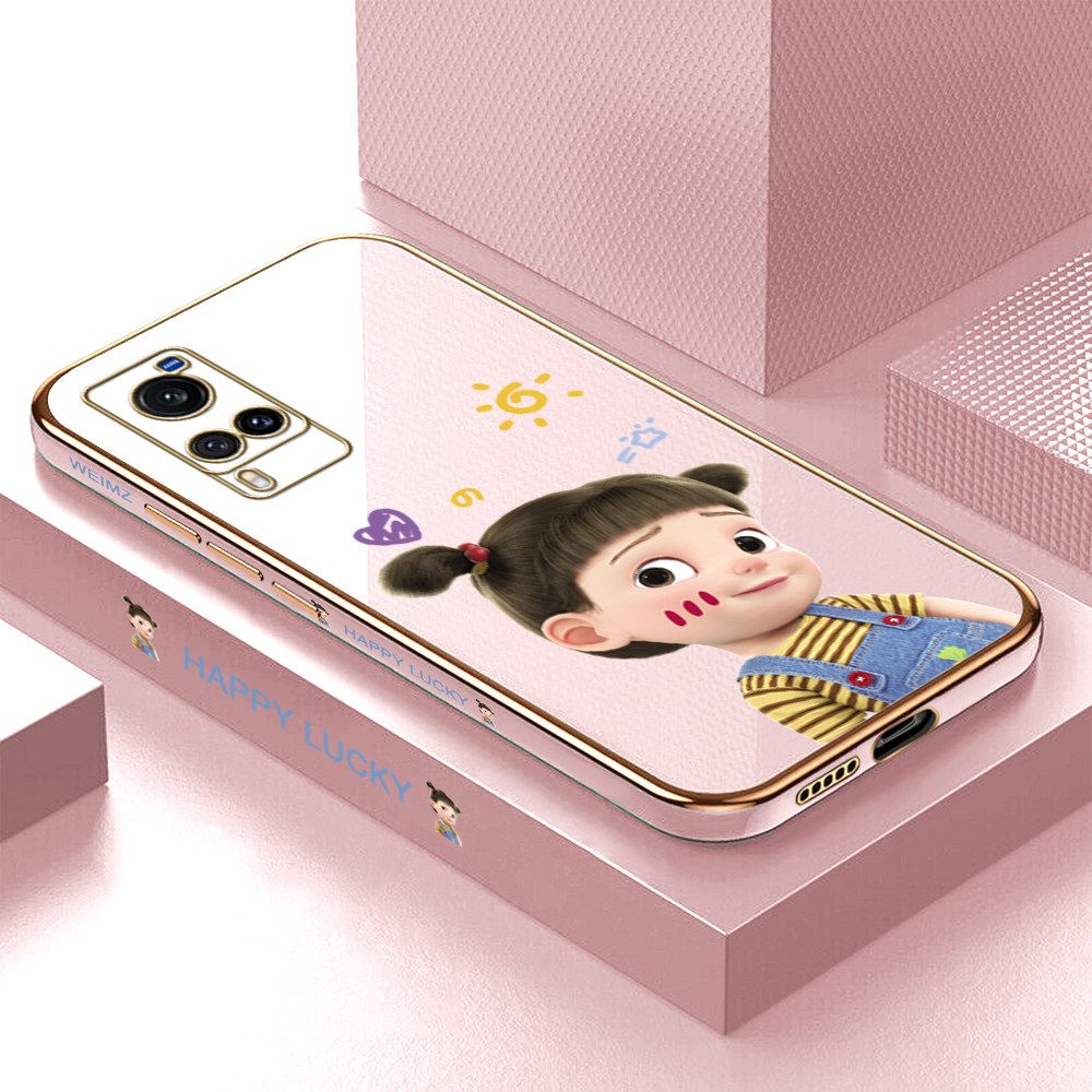 ZeroQiQi for Vivo X60 Back Cover Cute Girl Luxury 6D Plating Case Side Pattern Soft Silicone Square Mobile Phone Cases + Free Lanyard