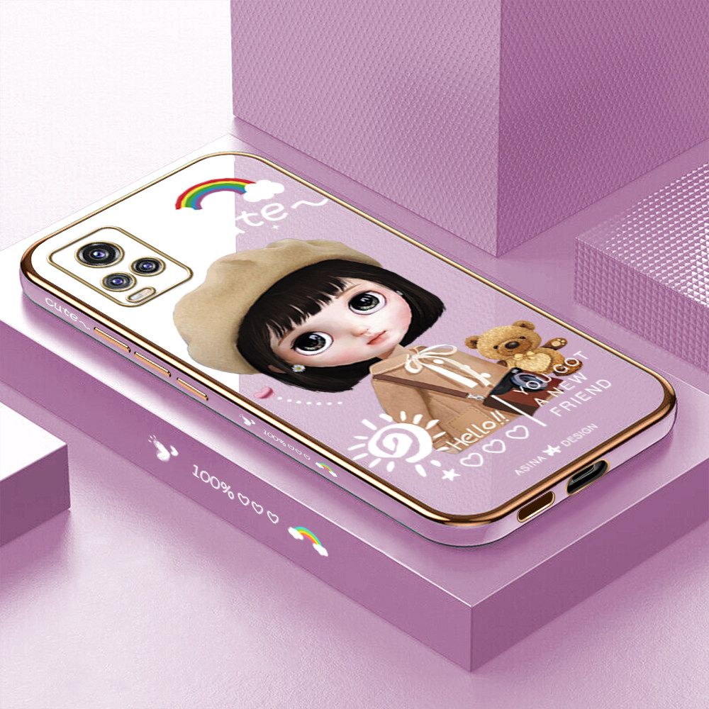 Luxury 6D Plating Soft Casing Silicone Square Frame Phone Case For Vivo V20 Pro Case Shiny Bling Back Cover Cute Girl With Shoulder Bag Square Edge Pattern Design Soft Case + Free Lanyard
