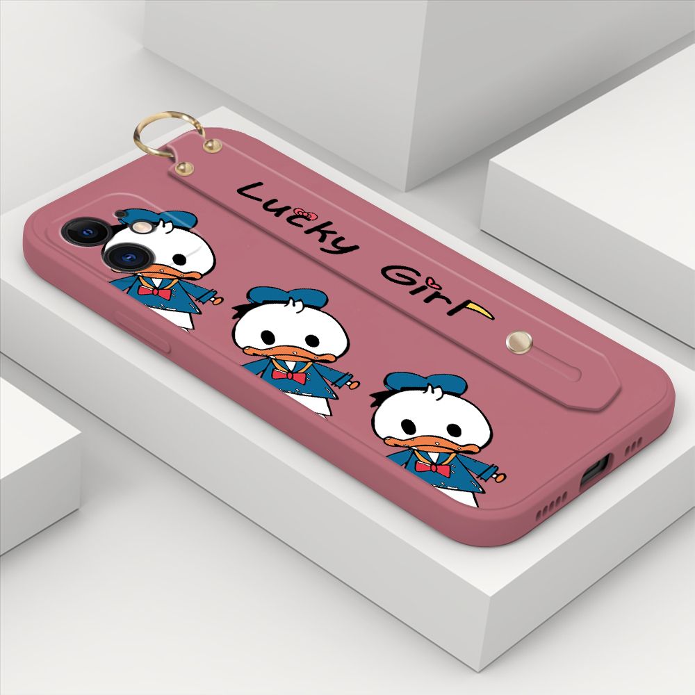 ZeroQiQi for iPhone 11 Wrist Strap Case Cute Cartoon Little Duck Phone Case Square Edge Liquid Silicone Case Full Cover Camera Shockproof Protective Cases