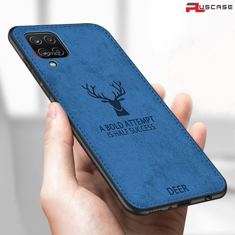 PlusCase for Samsung Galaxy A12 Hybrid Fabric Texture Deer Pattern Case Shockproof Soft Bumper Matte Back Cover