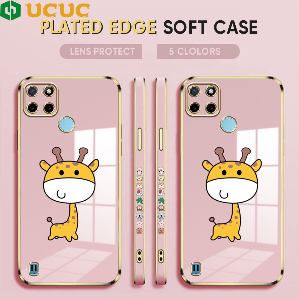 UCUC for Realme C21Y / Realme C25Y Back Cover + Free Lanyard Big Head Giraffe Luxury 6D Plating Case Side Pattern Soft Silicone Square Phone Cases