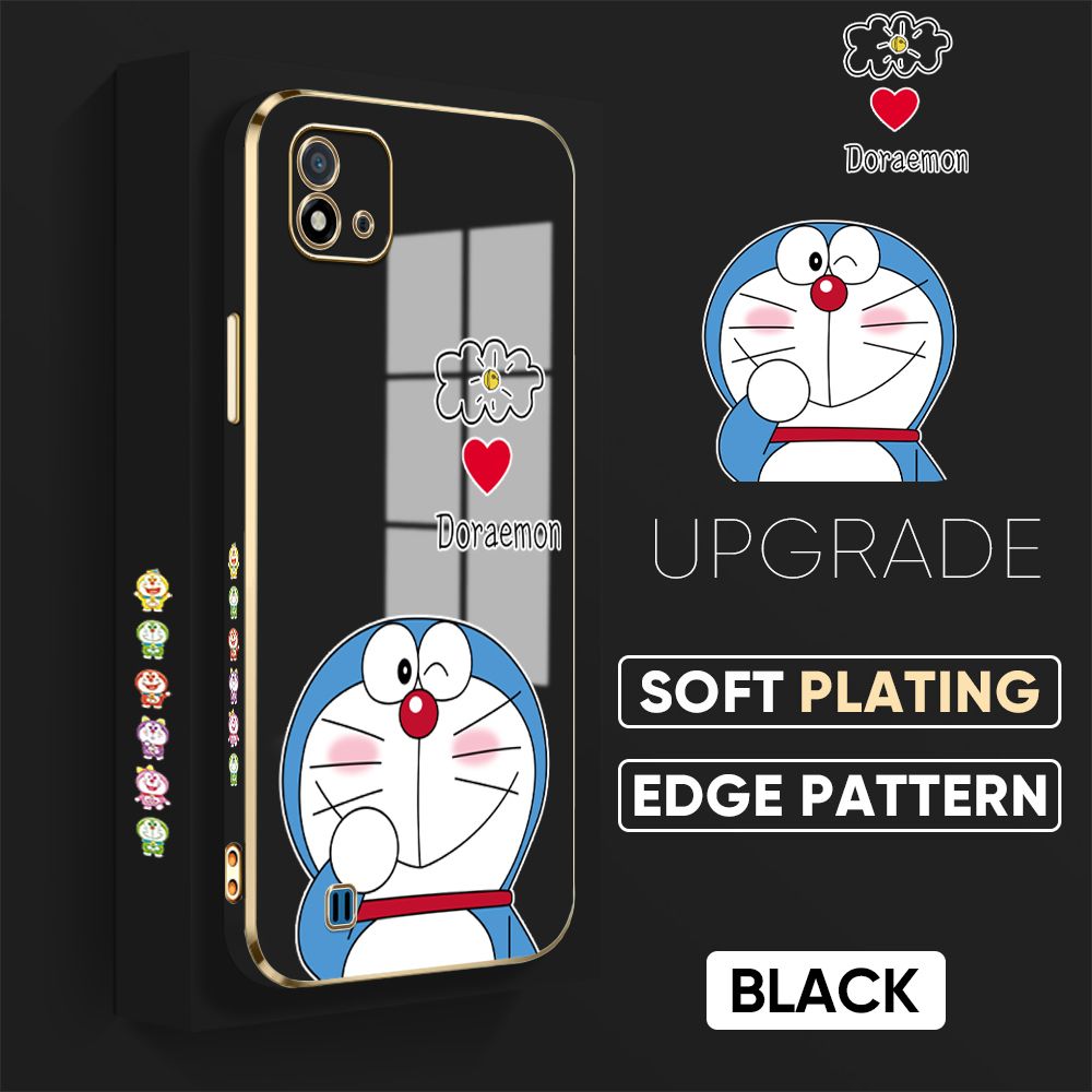 Jizetin (Free Lanyard) Realme C11 2021 / C20 / C20A Cover Sneak Doraemon Luxury 6D Plating Soft Casing Silicone Square Frame Phone Case Shiny Bling Back Cover