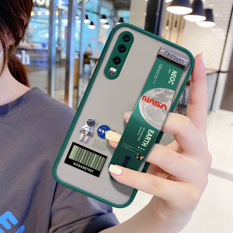 UCUC for Huawei P30 Wrist Strap Case Creative Cartoon Astronaut Wristband Printing Cover Shockproof Frosted Phone Case