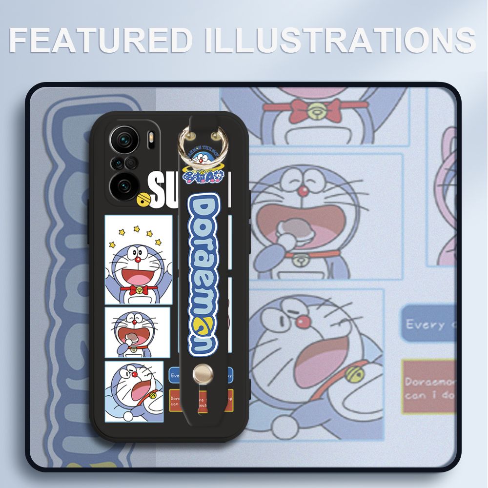 UCUC for Xiaomi Redmi K40 Pro Wrist Strap Case Creative Cartoon Doraemon's Daily Life Cover Ultra Thin Anti Fall Liquid Silicone Phone Case