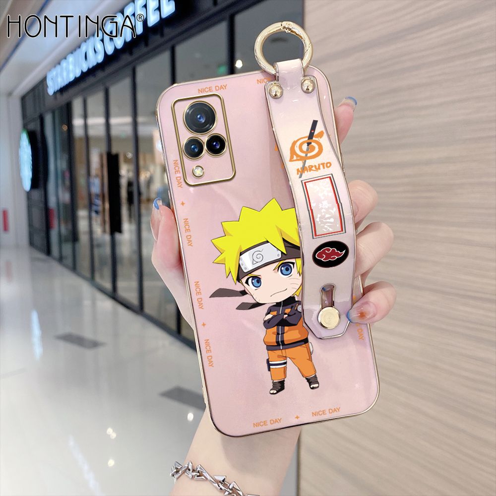 Hontinga for Vivo V21 / V21 5G Back Cover With Wristband Luxury 6D Plating Anime Naruto Uzumaki Case Soft Silicone Square Phone Cases