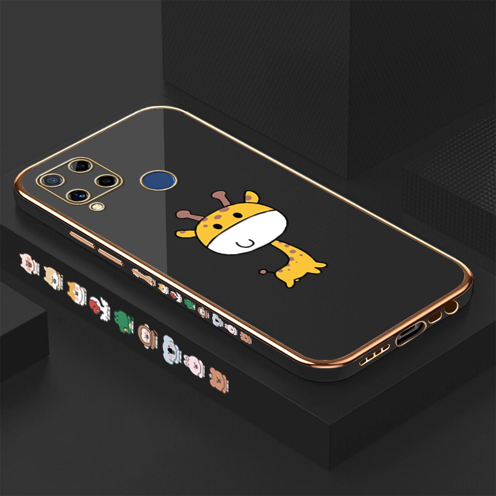 Luxury 6D Plating Case for Realme C15 Cute Giraffe Side Pattern Back Cover Soft Silicone Square Phone Cases + Free Lanyard