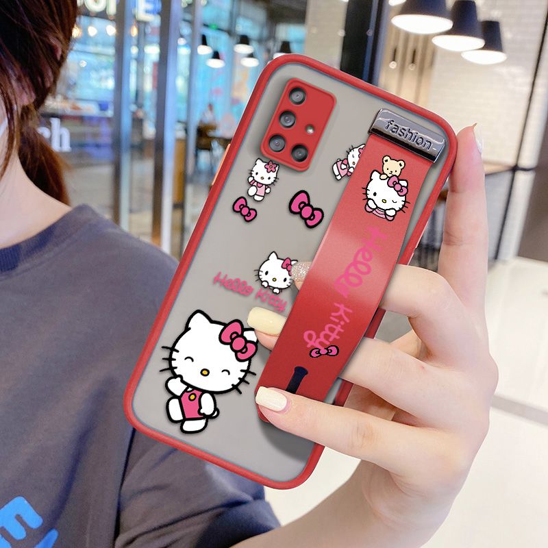 UCUC for Samsung Galaxy A71 Wrist Strap Case Lovely KT Cat Wristband Printing Cover Shockproof Ultra Thin Phone Case