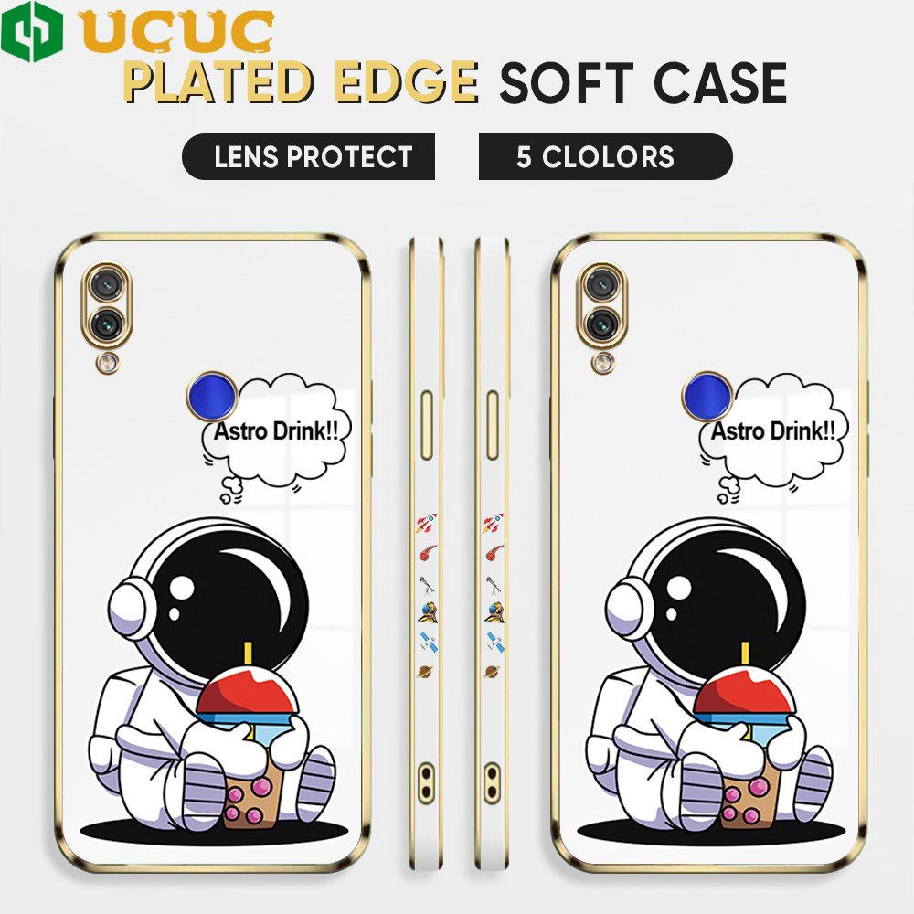 UCUC for Redmi Note 7 Note 7 Pro Back Cover + Free Lanyard Cute Astronaut Luxury 6D Plating Case Side Pattern Soft Silicone Square Phone Cases