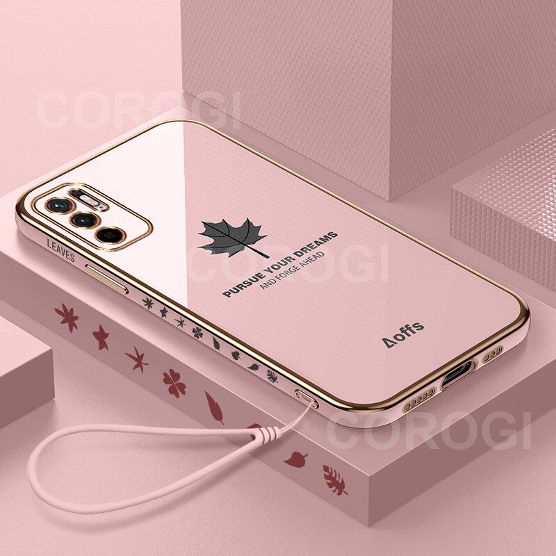 For Xiaomi POCO M3 Pro 5G Cover + Wrist Strap Fashion Shiny Maple leaf Plating Square Bumper Phone Case Soft TPU Silicone Shockproof Protective Back Cover