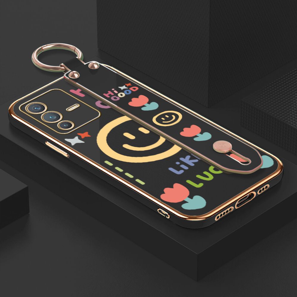 ZeroQiQi for Vivo V23 5G Wrist Strap Back Cover Flower Smiley Fashion Luxury 6D Plating Soft Casing Silicone Square Frame Phone Case
