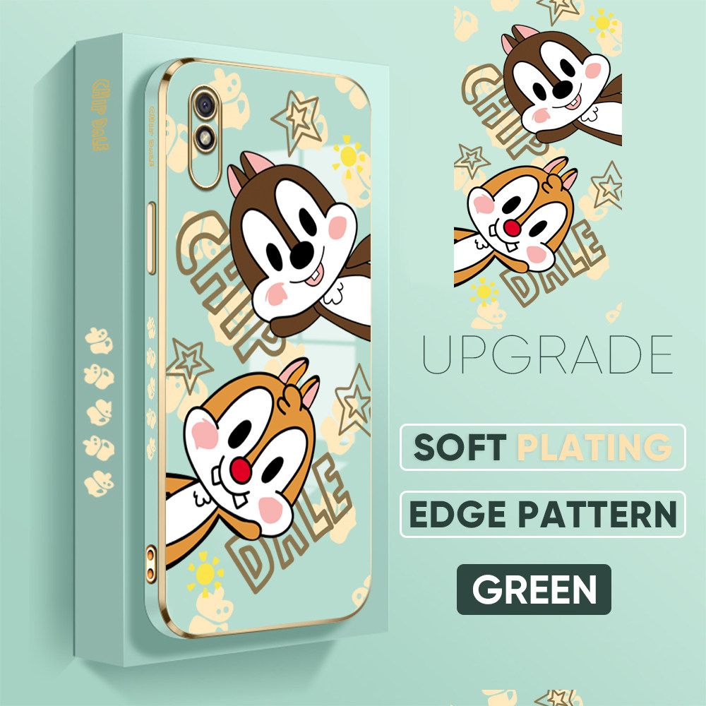 Jizetin (Free Lanyard) Redmi 9A Back Cover Two Chipmunks Luxury 6D Plating Case Side Pattern Soft Silicone Square Mobile Phone Cases