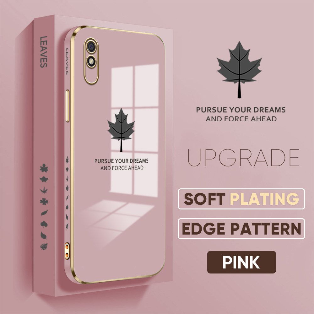 Jizetin (Free Lanyard) Redmi 9A Luxury 6D Plating Soft Casing Silicone Square Frame Phone Case Shiny Bling Back Cover Maple leaf New design Side Drawing Case
