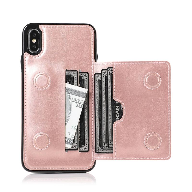 for iPhone X XS Retro PU Leather Case Phone Leather Wallet Card Slot Shockproof Flip Cover Cases 5.8 Inch - Rose Gold