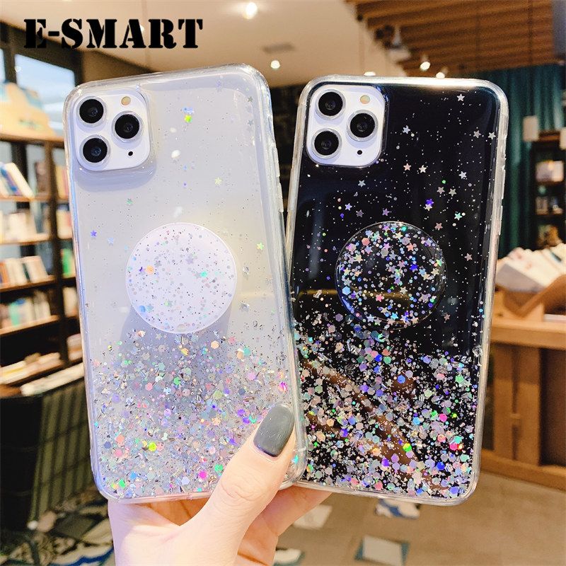 For iPhone13 Mini Case Shiny Ring Glitter Soft Transparent Holder Stand Case with String Glitter Space Stars Moon iPhone13 Mini Back Cover