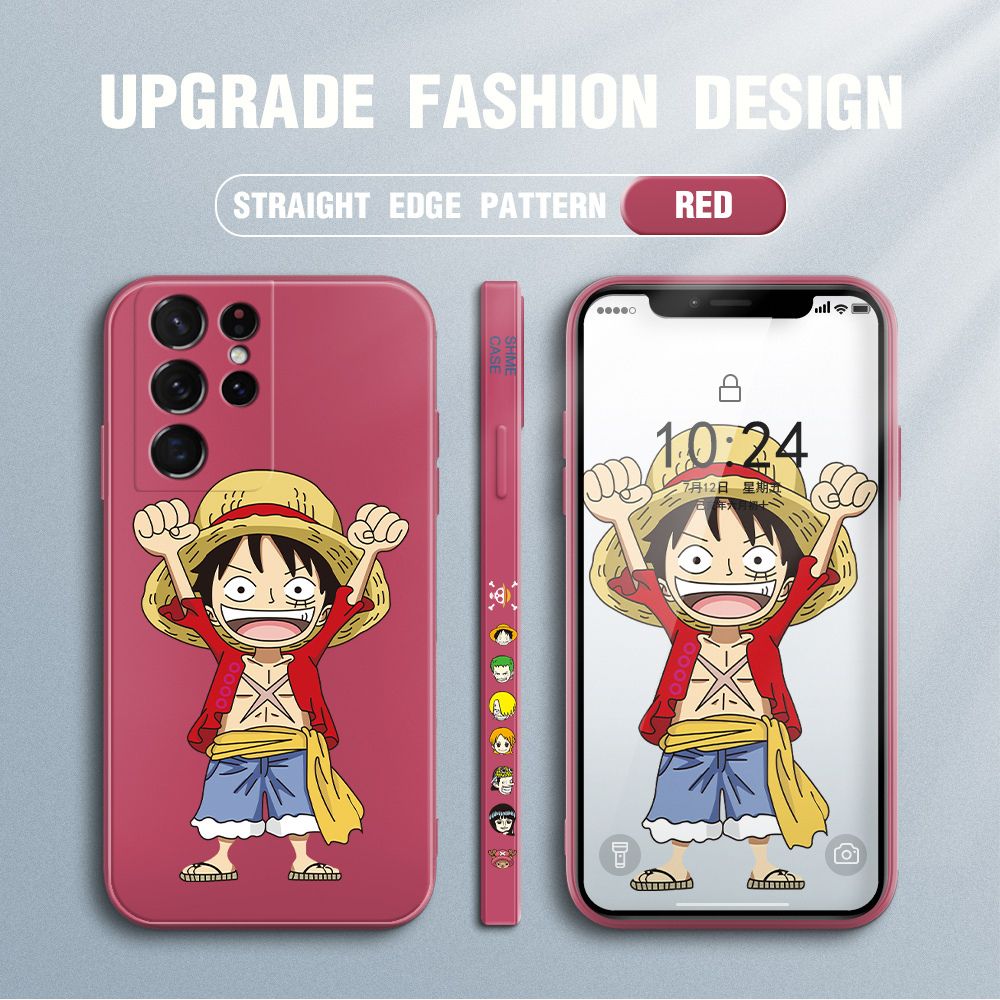 Jizetin for Samsung Galaxy S21 Ultra 5G Case Anime One-Piece Monkey D. Luffy Anime Side Design Phone Case Square Edge Pattern Liquid Silicone Cases Full Cover Camera Shockproof Protective Case