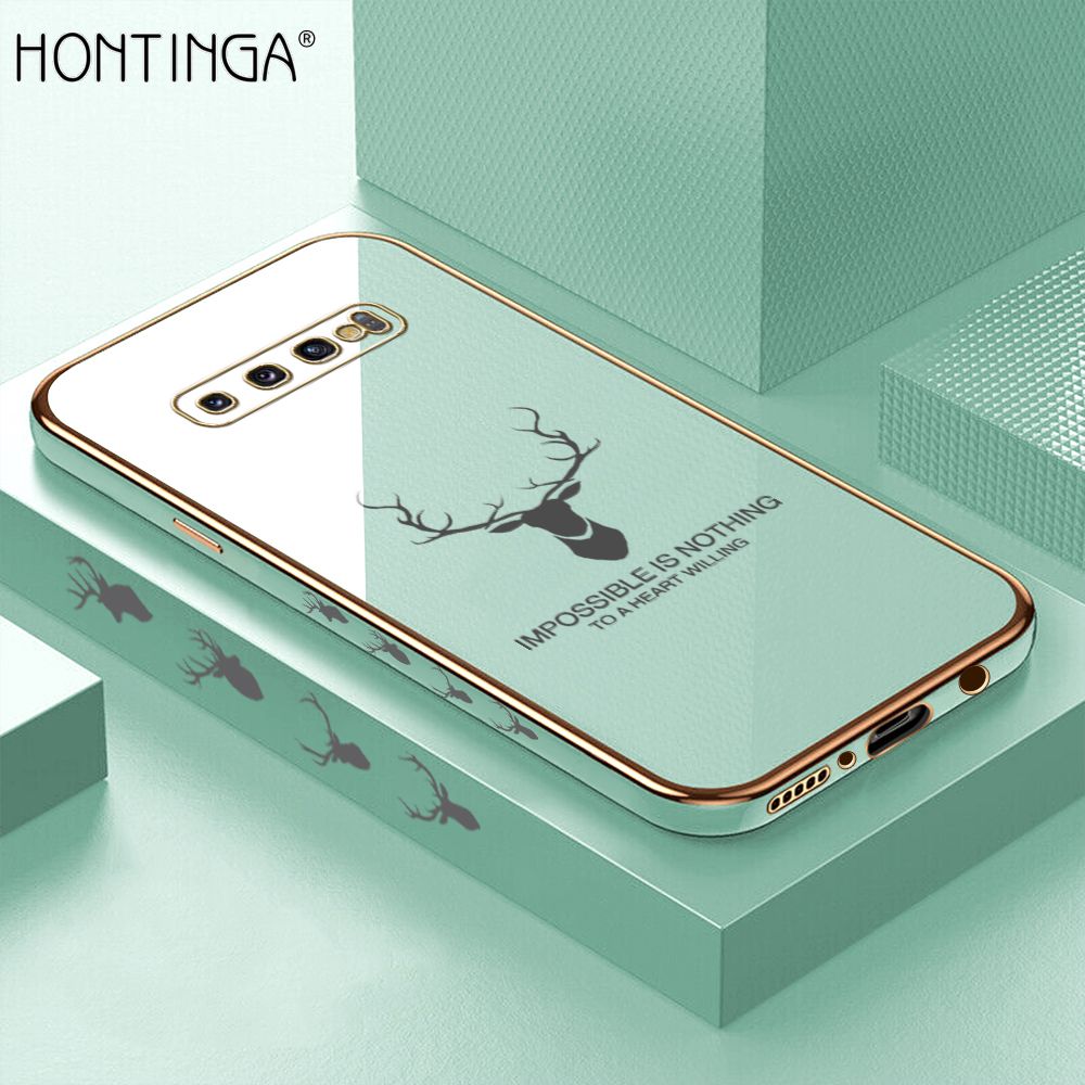 Hontinga for Samsung Galaxy S10 Plus Back Cover + Free Lanyard Luxury 6D Plating Cartoon Lucky Deer Side Pattern Case Soft Silicone Square Phone Cases