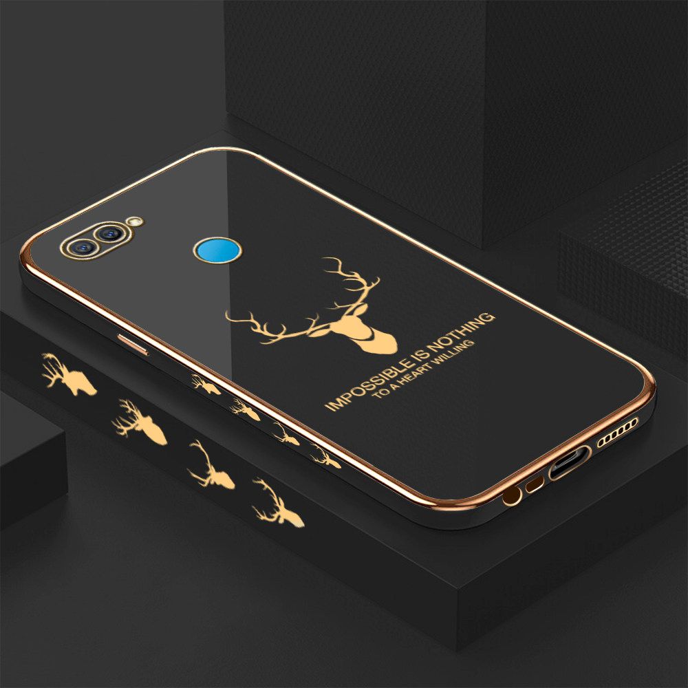 Luxury 6D Plating Case for OPPO A7 Alphabet Lucky Deer Side Pattern Back Cover Soft Silicone Square Frame Shiny Bling Phone Cases + Free Lanyard