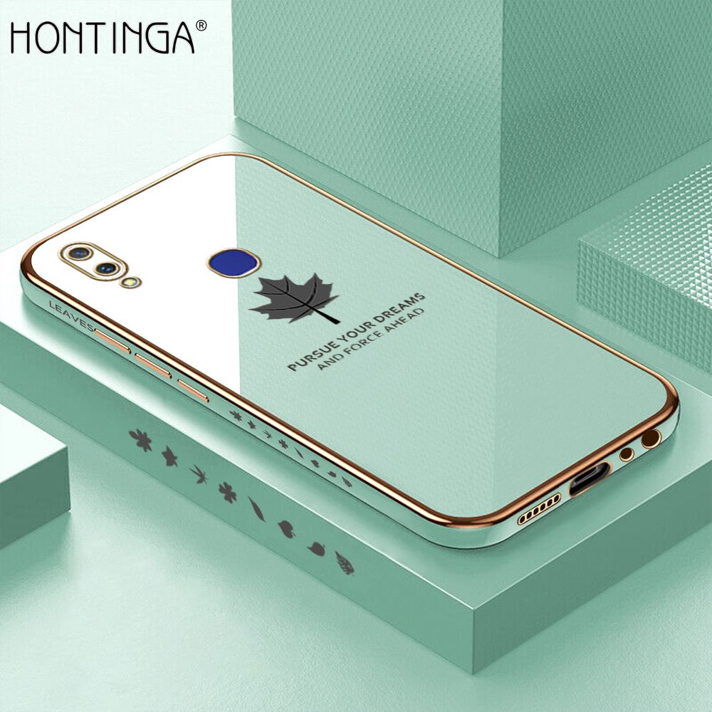 Hontinga for Vivo V11I Case Luxury 6D Plating Maple Leaf Side Pattern Soft Back Cover Silicone Square Frame Shiny Bling Phone Cover