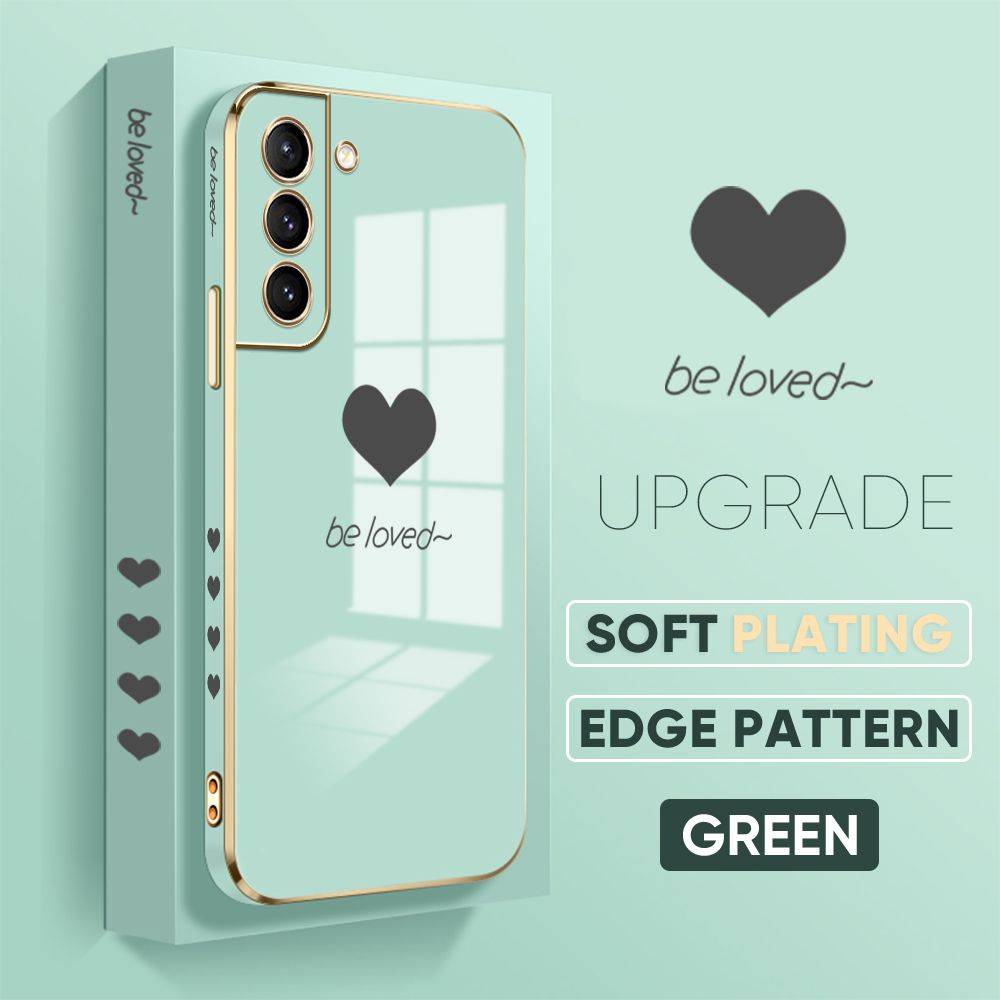 Jizetin (Free Lanyard) Samsung S21 5G Back Cover Back Cover Heart loved Luxury 6D Plating Case Side Pattern Soft Silicone Square Phone Cases