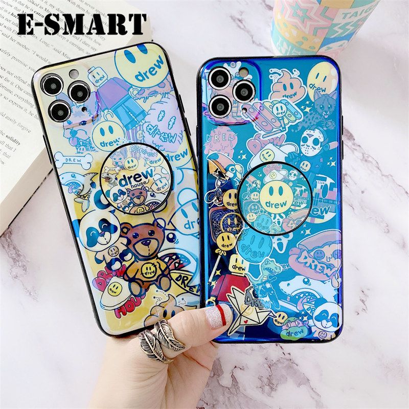 Phone Case iphone 12 Pro Max Back cover With Jack Bracket Holder stand ring Fashion Cartoon Smile Face Blue Light Silicone Soft cases Cover iphone12 Pro Max Case