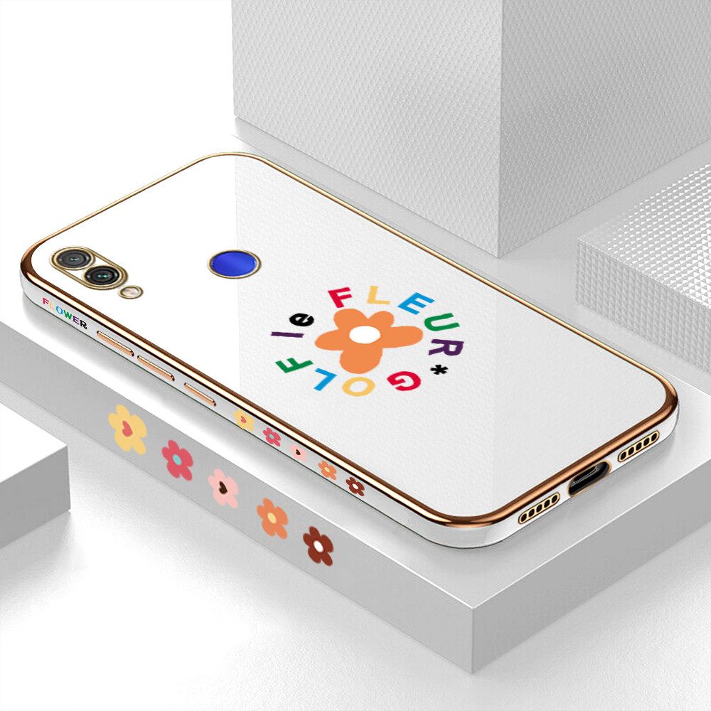Luxury 6D Plating Case for Redmi Note 7 Cartoon Flower Side Pattern Back Cover Soft Silicone Square Frame Shiny Bling Phone Cases + Free Lanyard