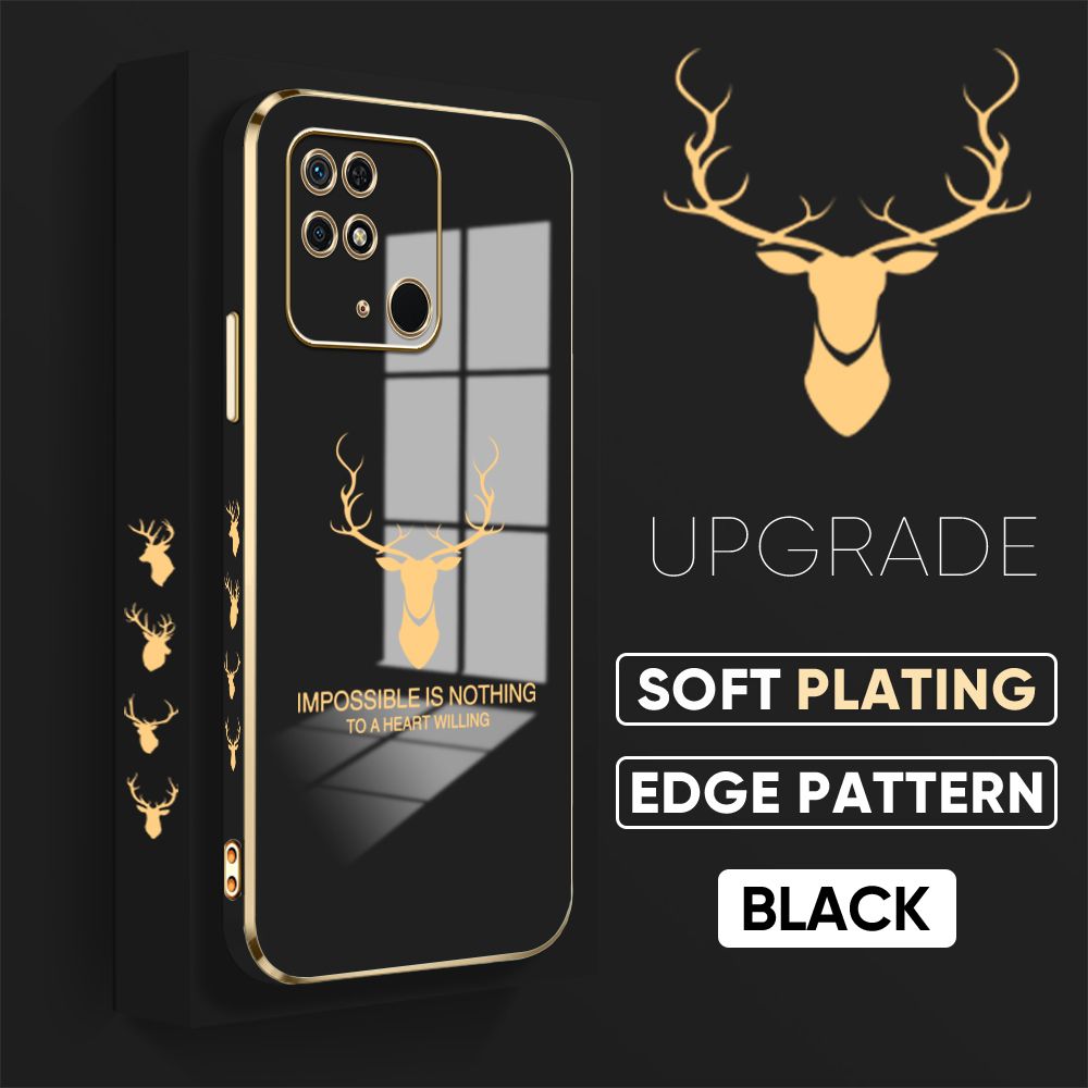 Jizetin (Free Lanyard) Redmi 10C Back Cover Antlers Luxury 6D Plating Case Side Pattern Soft Silicone Square Mobile Phone Cases