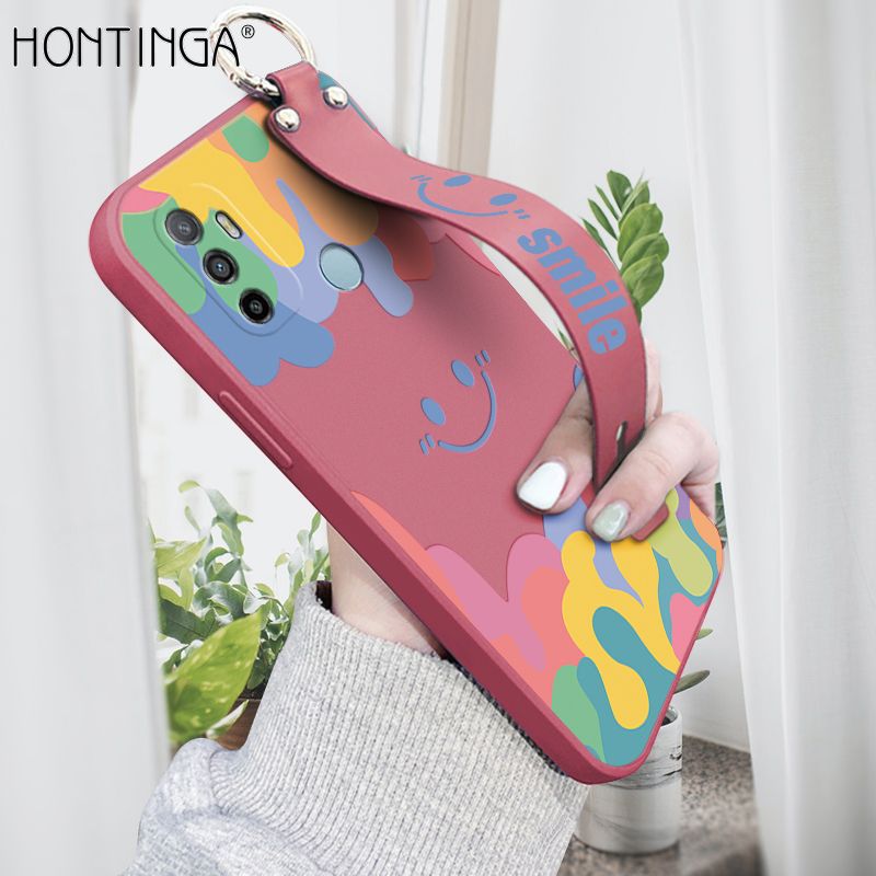 Hontinga for OPPO A33 2020 Wrist Strap Case Soft Candy Color Splash Ink Cover Trend Square Printed Pattern Liquid Silicone Phone Case