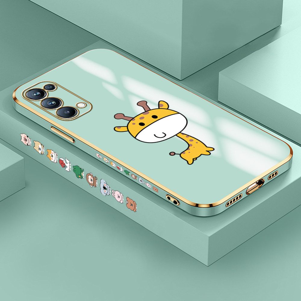 Jizetin (Free Lanyard) OPPO Reno5 Pro 5G Case Cute Cartoon Big Head Giraffe Luxury 6D Plating Soft Casing Silicone Ultra Thin Phone Cover