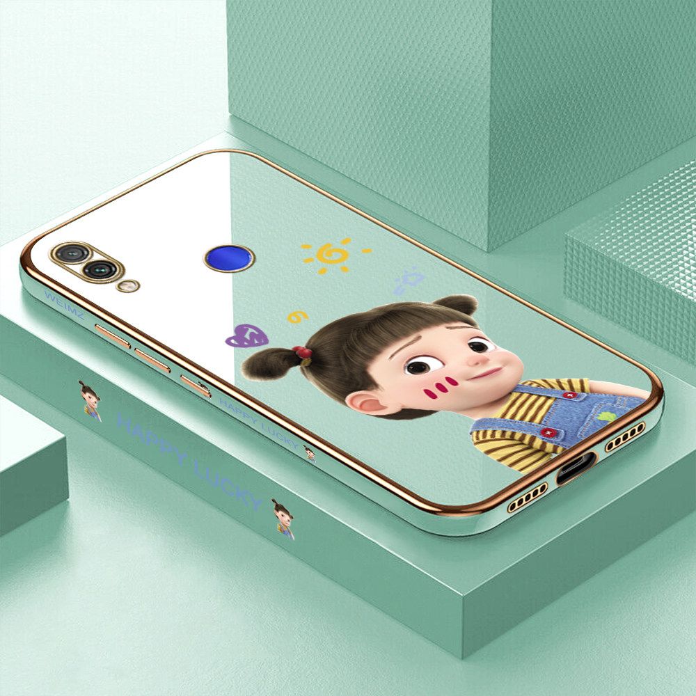 ZeroQiQi for Redmi Note 7 /7 Pro Back Cover Cute Girl Luxury 6D Plating Case Side Pattern Soft Silicone Square Mobile Phone Cases + Free Lanyard