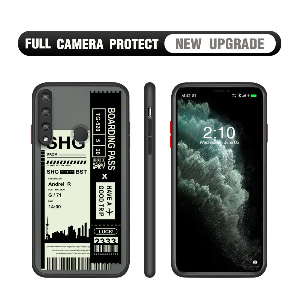 Hontinga for Huawei Y6P Case Cute Air Ticket City Scenery Camera Shockproof Protection Cases Edge Frosted Transparent Phone Cover