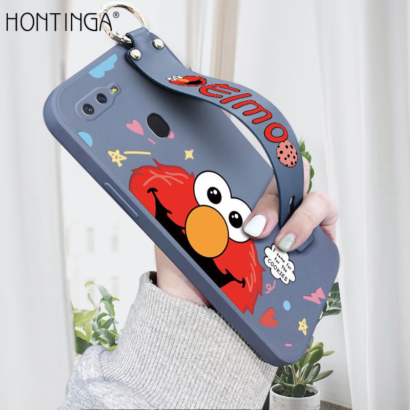 Hontinga for OPPO F9 / F9 Pro / Realme 2 Pro / U1 Wrist Strap Case Cute Cute Cartoon Little Monster Phone Cover Square Edge Liquid Silicone Case Full Cover Camera Shockproof Protective Cases