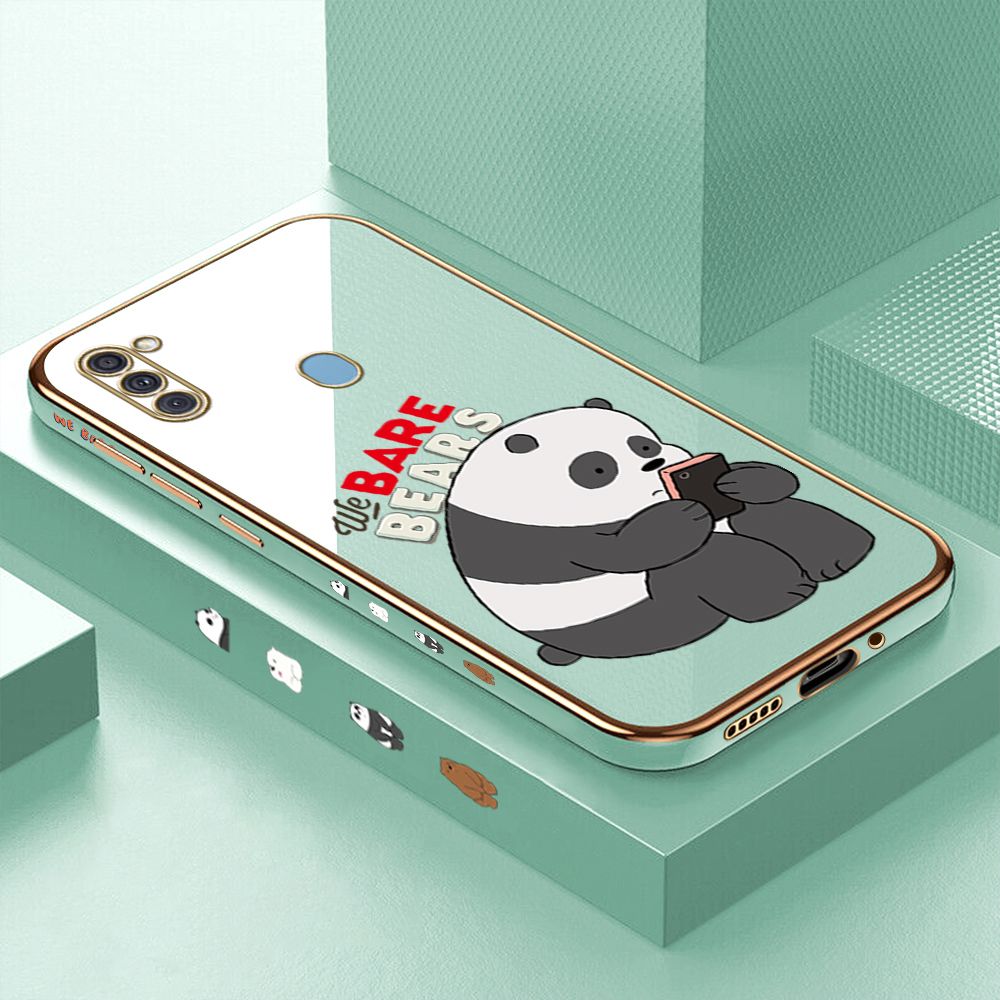 Luxury 6D Plating Case for Samsung M11 Cartoon Panda Side Pattern Back Cover Soft Silicone Square Frame Shiny Bling Phone Cases + Free Lanyard