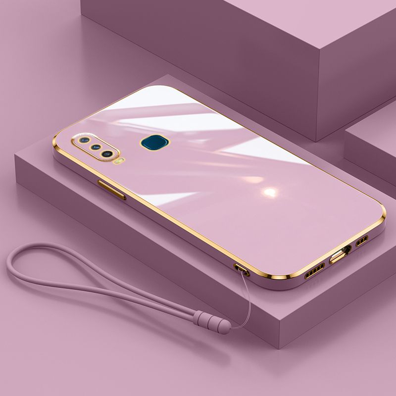 For Vivo Y12 / Y15 / Y17 Cover with Wrist Strap Fashion Shiny Plating Square Bumper Girls Phone Case Soft TPU Silicone Shockproof Protective Back Cover