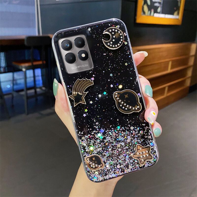 Phone case Realme 8i Shiny Ring Case Glitter Soft Transparent Space Planet Cases For Realme8 i Back Cover Stars Moon Girls