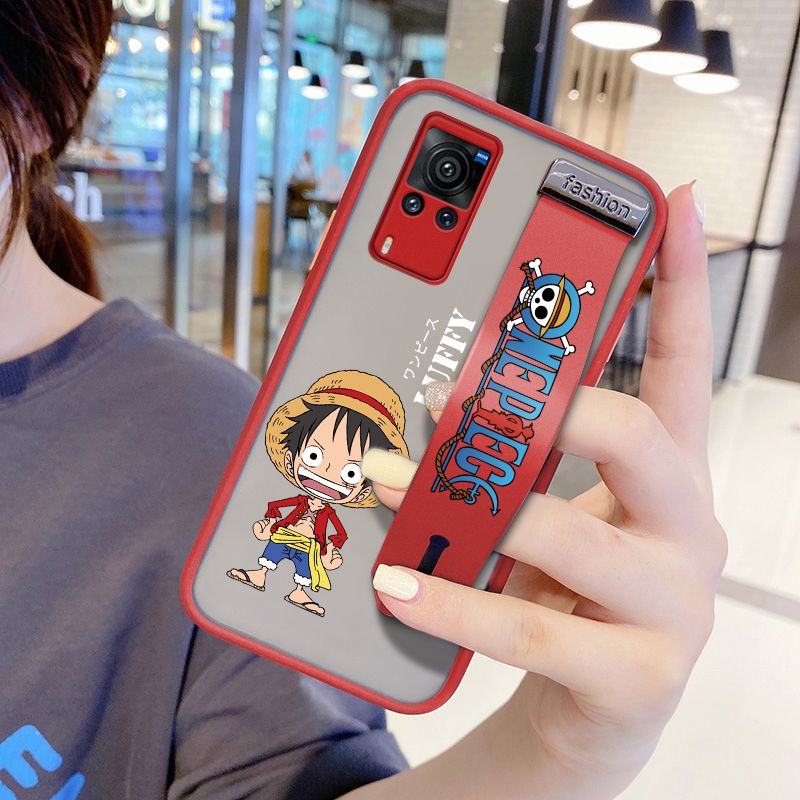 UCUC for VIVO X60 Pro Wrist Strap Case Anime One Piece Luffy Wristband Printing Cover Shockproof Frosted Phone Case