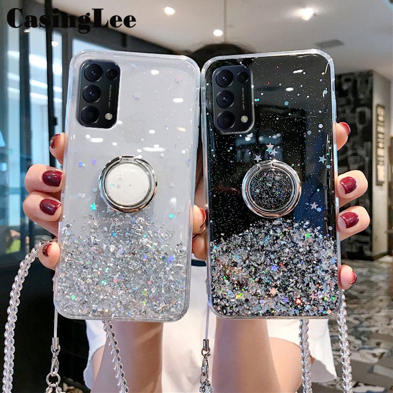 Casinglee for OPPO Reno 5 Pro case Shiny Ring Glitter Soft Transparent Holder Stand Back cover with String for OPPO Reno5 Pro Phone cases cover Stars Moon Girls