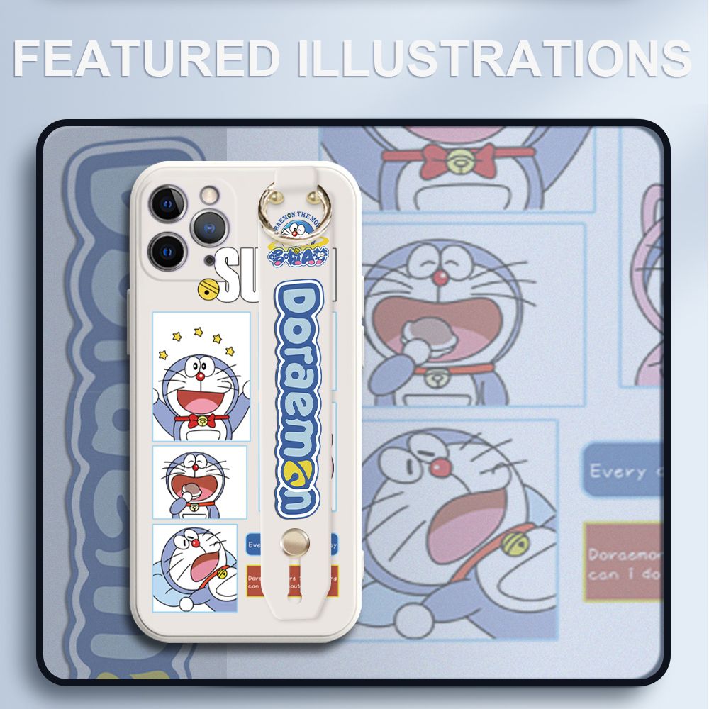 UCUC for iPhone 11 Pro Max Wrist Strap Case Creative Cartoon Doraemon's Daily Life Cover Ultra Thin Anti Fall Liquid Silicone Phone Case