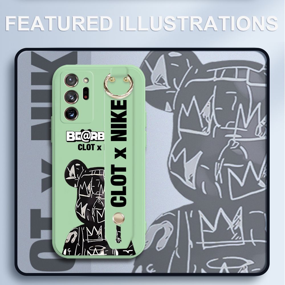 UCUC for Samsung Galaxy Note 20 Ultra Wrist Strap Case Creative Cartoon Black Stitching Bear Cover Ultra Thin Anti Fall Liquid Silicone Phone Case