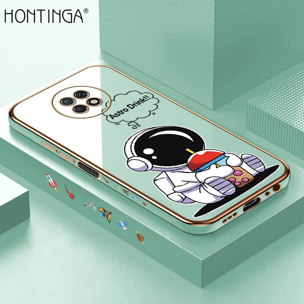 Hontinga for Xiaomi Redmi Note 9T Back Cover + Free Lanyard Luxury 6D Plating Cartoon Happy Astronaut Side Pattern Case Soft Silicone Square Mobile Cover