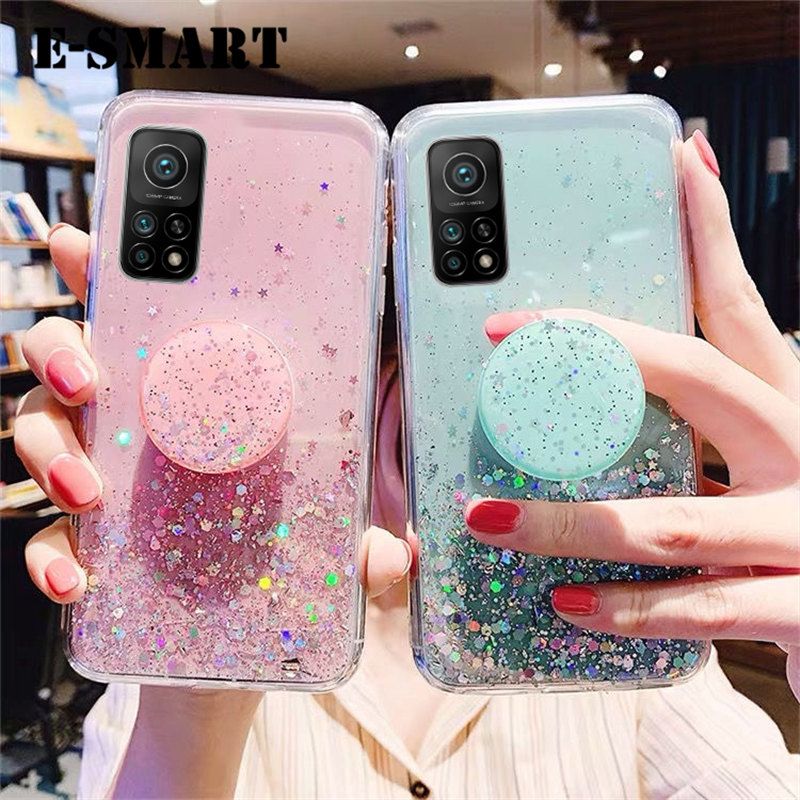 Phone case Xiaomi 10T Pro Back cover Shiny Ring Glitter Soft Transparent Holder Stand Back cover with String Glitter Space Stars Moon Xiaomi Mi 10T Pro case