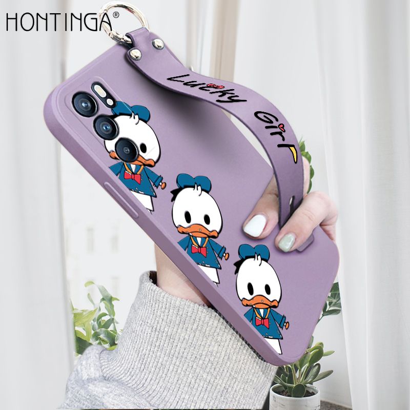 Hontinga for OPPO Reno6 5G Wrist Strap Case Cute Cartoon Little Duck Phone Case Square Edge Liquid Silicone Case Full Cover Camera Shockproof Protective Cases