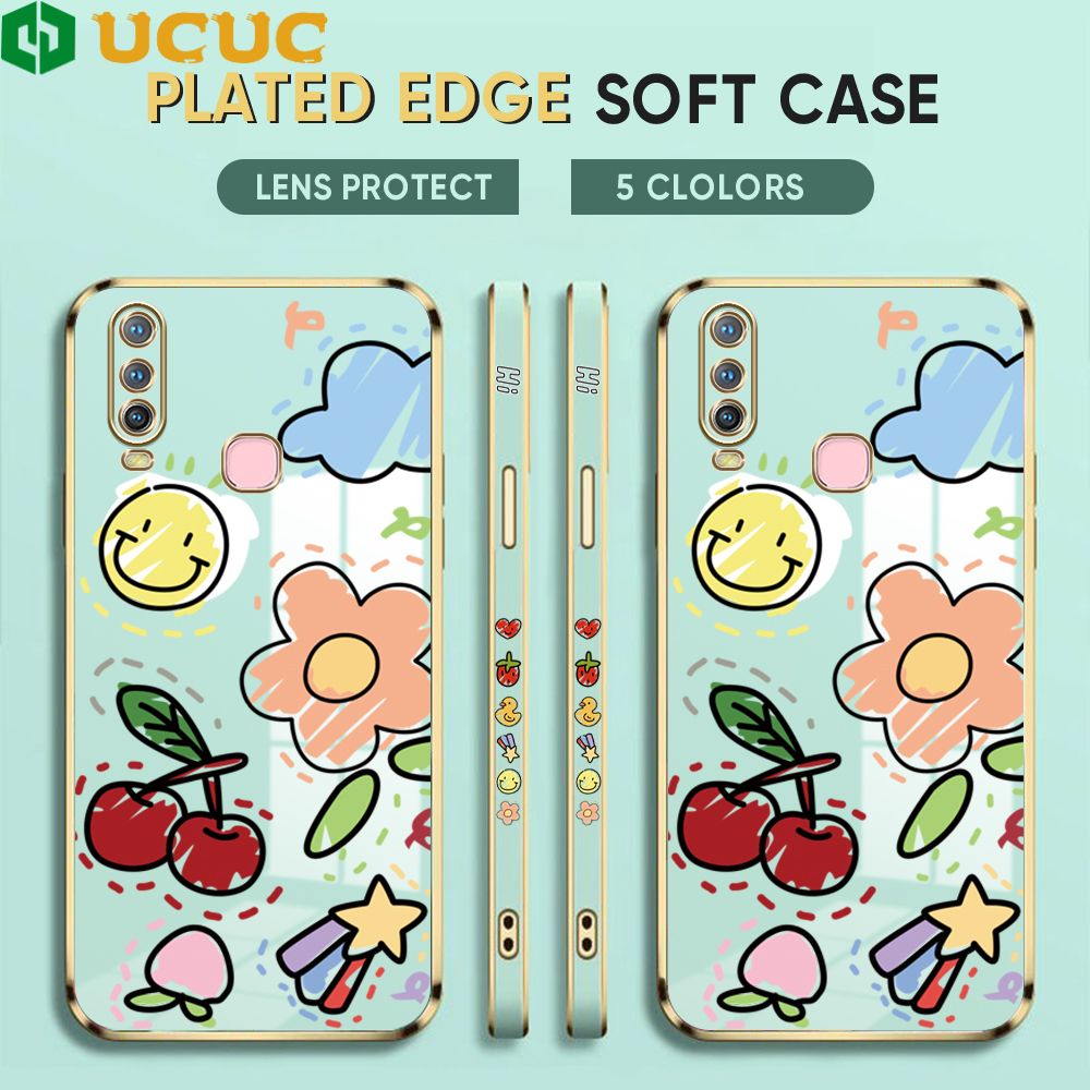 UCUC for Vivo Y17 Cover Fruit Doodle Luxury 6D Plating Soft Casing Silicone Square Frame Phone Case Shiny Bling Back Cover + Free Lanyard