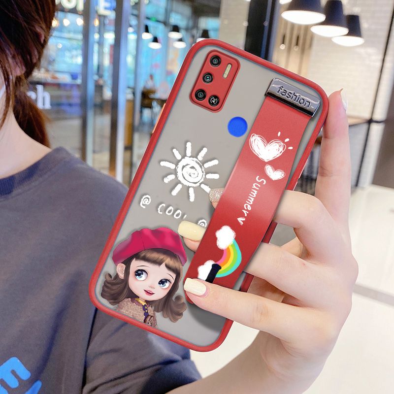 UCUC for Tecno Spark 6 Air Wrist Strap Case Lovely Cartoon Red Hat Girl Wristband Printing Cover Shockproof Frosted Phone Case